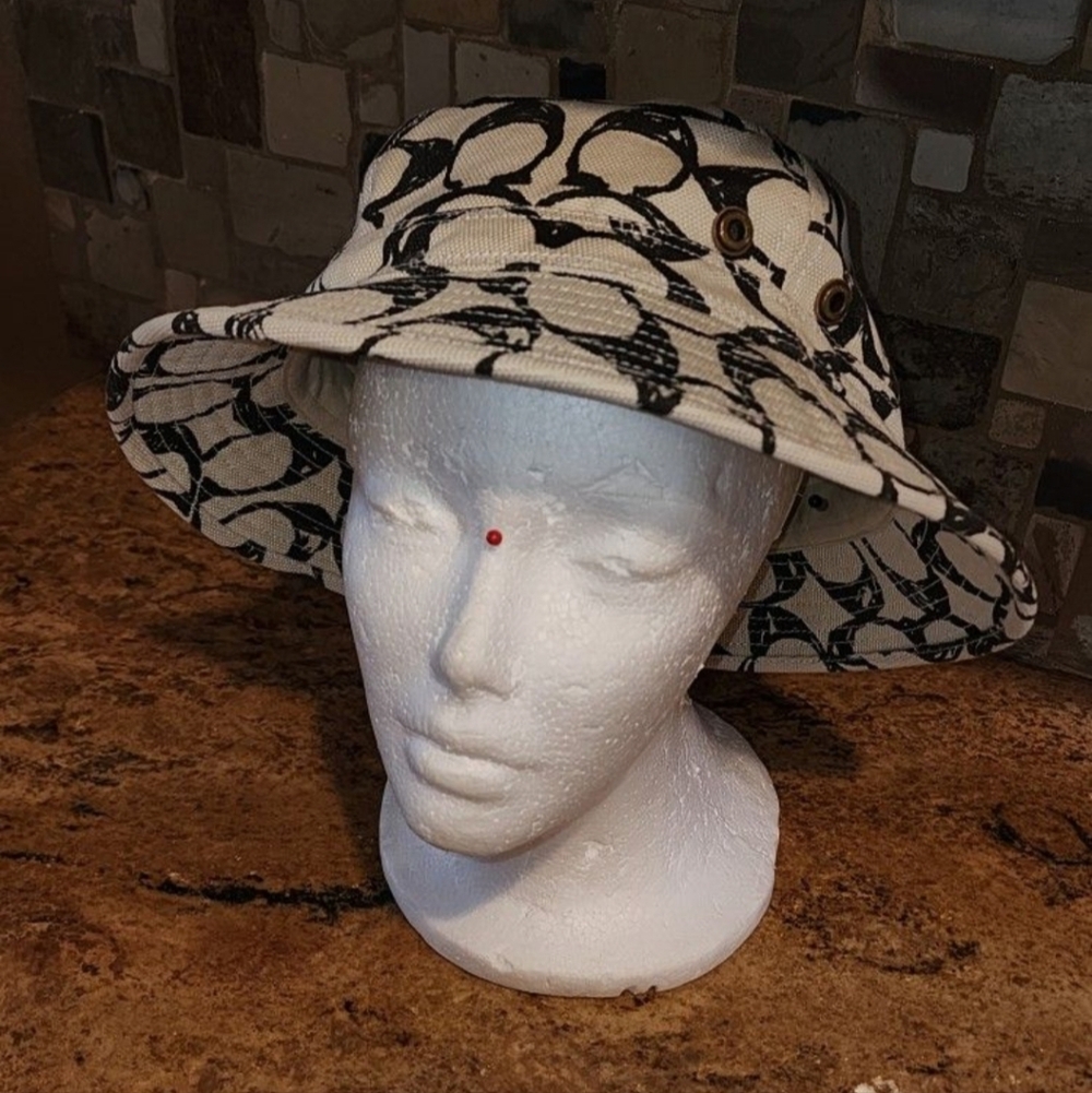 Coach Cream Canvas Bucket Hat with Black Signature Print